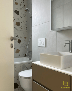 The unique pebble tiles of one of the bathrooms at Rasses 47